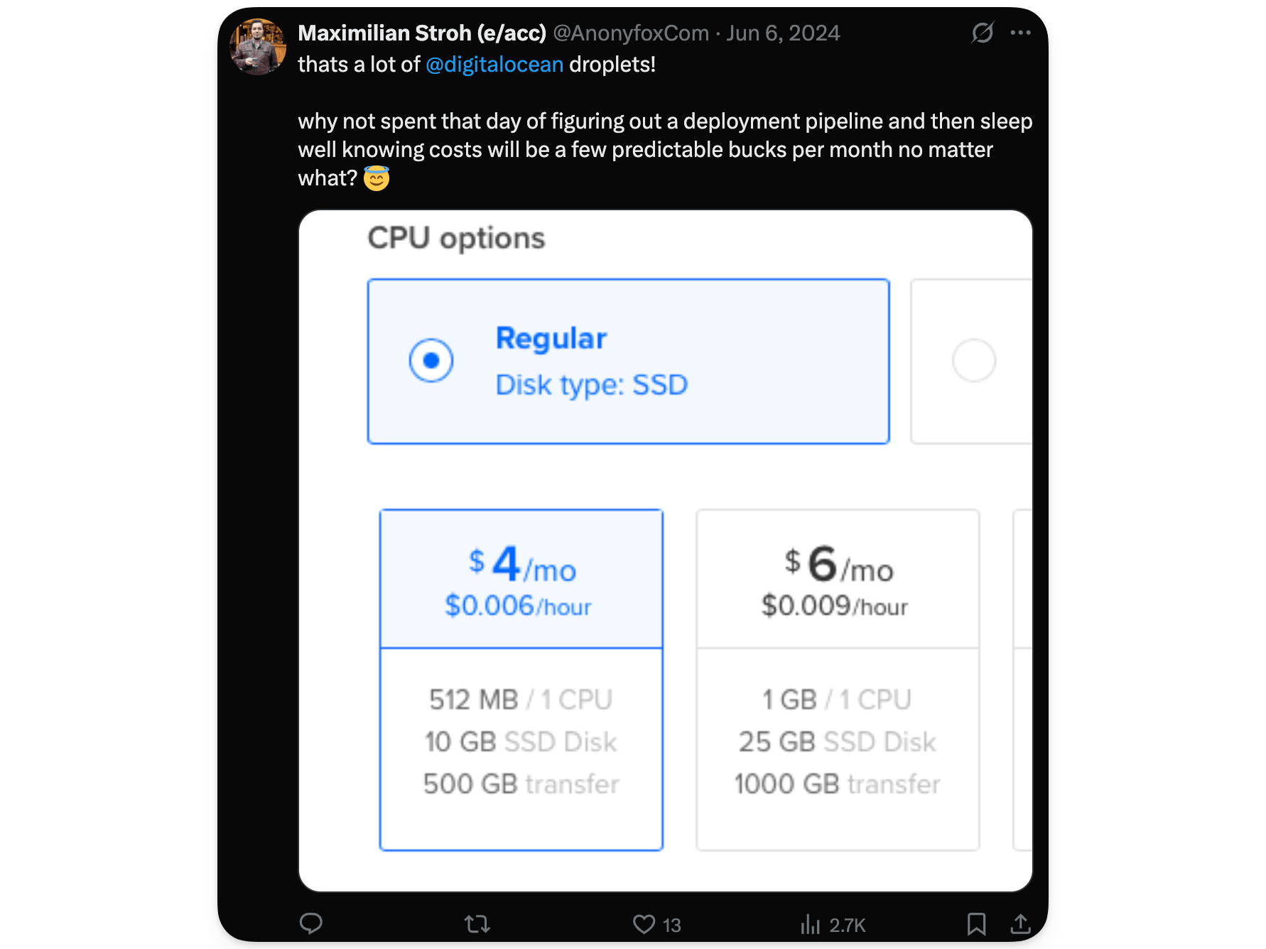 Screenshot of an X post of a reply suggesting digital ocean
